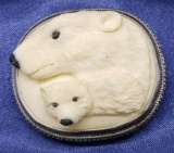 Sterling Silver Hand Carved Mother and Baby Polar Bear Brooch/Pendant from Arribas Brothers Gallery