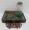 Cat eye, steele, and clay marble lot, about 325 marbles in vintage jar
