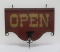 Two sided wooden OPEN sign with hand wrought metal bracket and finial, wooden anvil on sign