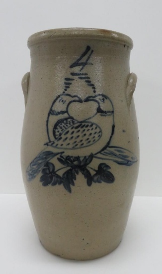 4 gallon cobalt decorated butter churn, cobalt double bird decorated, attributed to NY pottery