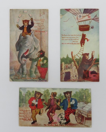 Three Cracker Jack Teddy Bear postcards, 1900's