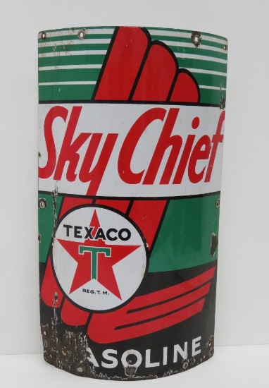 Texaco Sky Chief curved porcelain gasoline pump sign, 10" x 18"