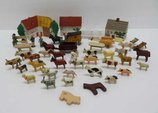 Vintage Erzgebirge Putz wooden German miniature village houses and animals, 49 pieces