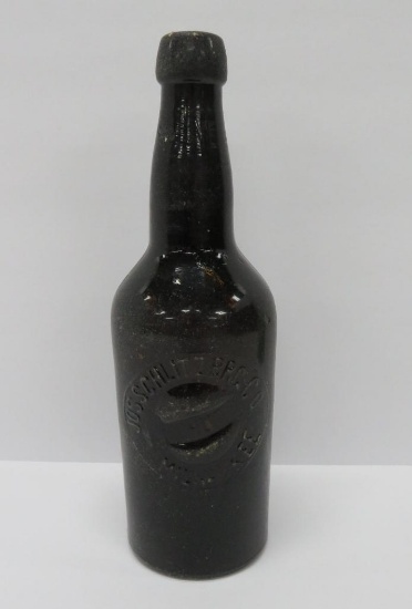 Schlitz embossed blob top bottle, raised globe with Schlitz on inside of globe, Milwaukee, 9 1/4"