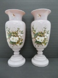 Pair antique lavender bristol glass vases, floral and butterfly, 13 1/2
