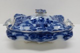 Flow Blue covered vegetable dish, Burgess and Leigh, Art Nouveau design