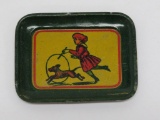 Antique Cracker Jack toy, metal tin, child and dog, 2 1/4