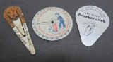 Three vintage metal Cracker Jack toy prizes, bookmark, noise maker and Fortune speller