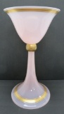 Large pink satin glass pedestal vase, gold trim and accents, 16