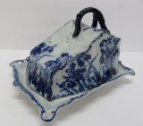 Large flow blue style covered cheese dish, iris pattern, 8