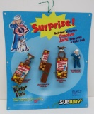 Cracker Jack toy display from Subway restaurant, four toy display
