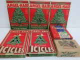 Grouping of Vintage Christmas in Original Boxes; Icicles, Angel Hair, Snow and Standard Oil Co