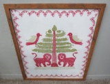 Antique Framed Red and Green Ethnic Hand Stitchery