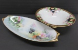 Vintage Handpainted Pedestal Bowl and Two Handled Dish; Blackberry Motif