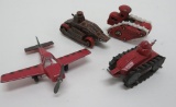 Metal military toys, four pieces, tanks and plane