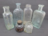 6 vintage bottles, ink bottles , hair wave and stove polish