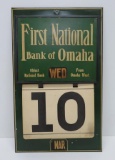 First National Bank of Omaha perpetual calendar, metal, 11 1/2