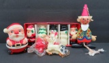 Vintage Christmas lot, figural candles, windup Santa, elf pull toy and light up pin