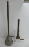 Vintage laundry tool lot, agitator, wood paddle and clothes line winder