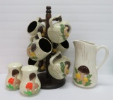 Vintage Arnel's MCM mushroom mugs, mug tree, unmarked pitcher and salt and pepper shakers