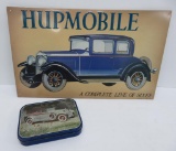Retro Hupmobile metal sign and Packard candy tin