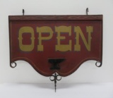 Two sided wooden OPEN sign with hand wrought metal bracket and finial, wooden anvil on sign