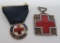 Two enamel Red Cross pins, with Red Cross documentation on back