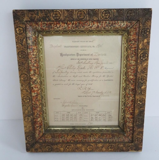 1885 Sharp Shooter framed certificate, 1st Lieut Philip Reade Co H 3rd Regiment Infantry