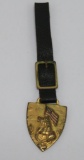 US Cavalry watch fob on leather strap, 5 1/4