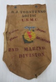 RJ Torstenson painted duffle bag, USMC, hand painted and stamped with mission locations, 2nd Marine