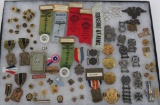 Large lot of American Legion pins, ribbons and medals, US Army hat badges and marksmen pins