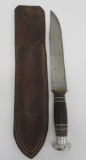WWII Fighting knife, unmarked blade, with leather scabbard, 8