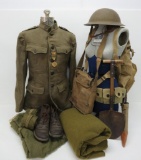 WWI 32 Div complete Uniform, pack, painted red arrow helmet and accessories