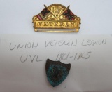 Union Veteran Legion pin and Confederate Veteran ribbon top