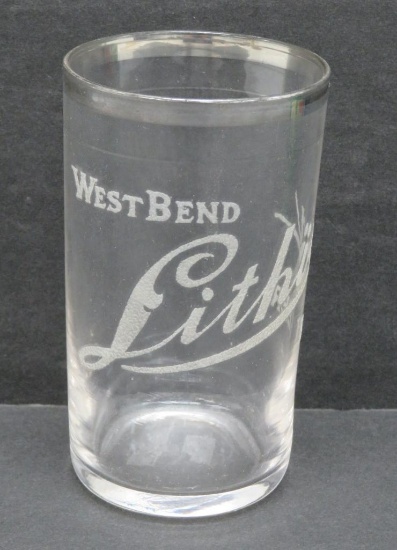 West Bend Lithia Beer, raised etching, silver banded, 4"