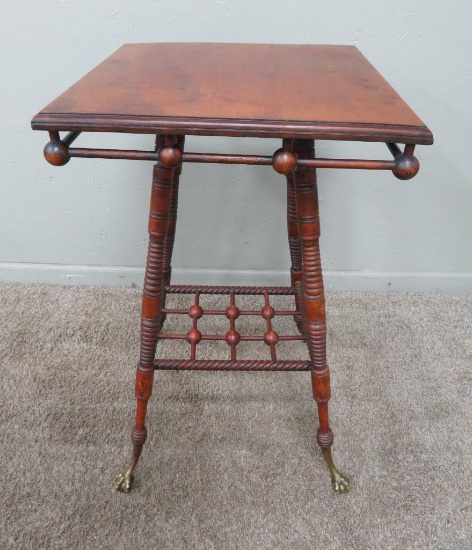 Maple stick and ball table with claw feet, 18" square top and 29" tall