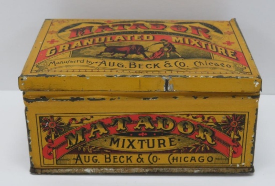 Matador granulated mixture tobacco, 4" x 3", lift top, Aug Beck & Co Chicago