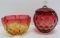 Two lovely pieces of Amberina, covered thumbprint jar and four corner finger bowl