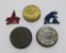 Three Cracker Jack Penny banks and two metal circus figures,