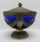 Cobalt covered dish with ornate metal work, 6 1/4