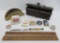 Advertising tape measures, rulers, and letter opener with neat metal box