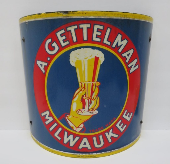 Fantastic A Gettelman enamel corner sign, 15" x 14'