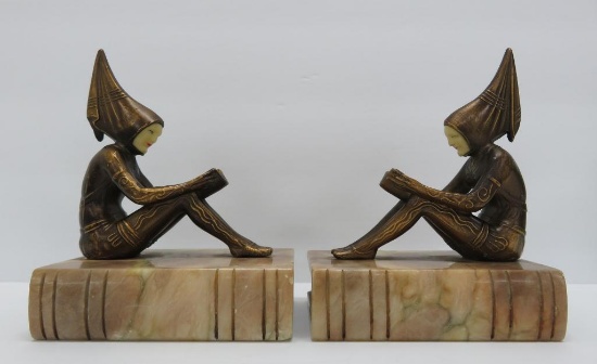 JB HIrsch Art Deco bronze bookends, marble book base