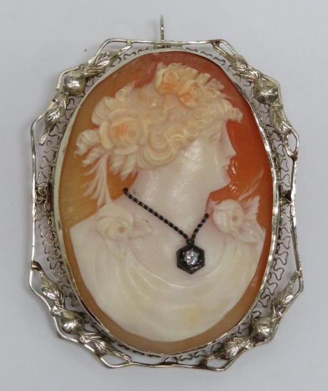 Lovely 14kt gold marked 2" pin pendant, carved cameo with diamond chip necklace