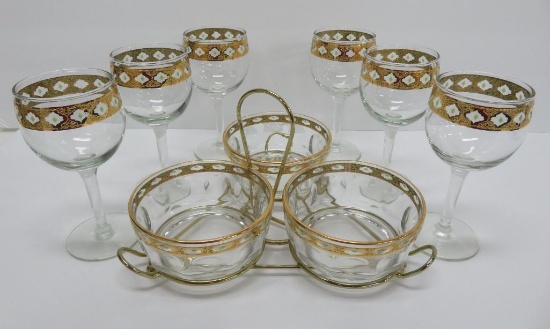 Vintage Valencia Culver lot, six wine glasses and three part condiment