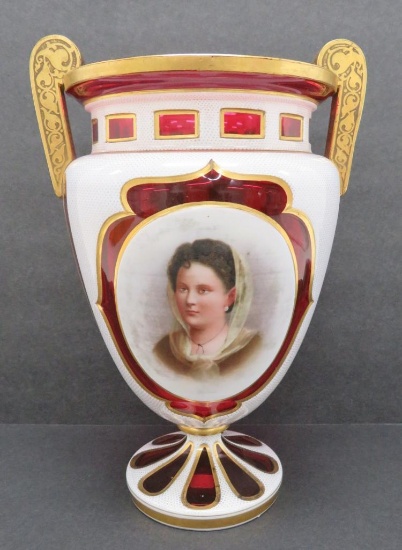 Cranberry glass portrait vase, metal handles and gold trim, white cut to cranberry