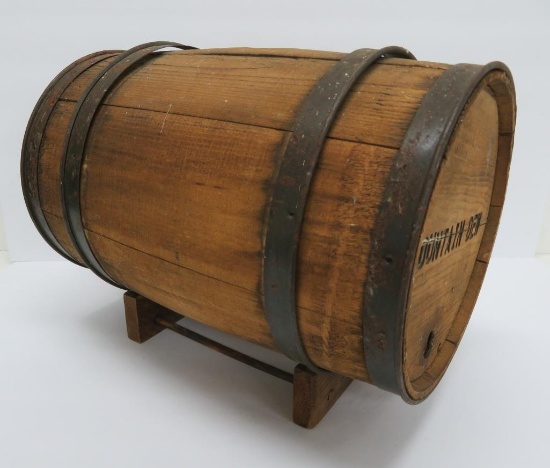 Mountain Dew wooden keg on stand, 10" diameter and 15" long