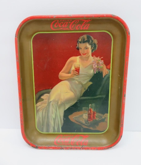 Drink Coca Cola soda tray, 10 1/2"x 13", c 1936, woman in white evening gown