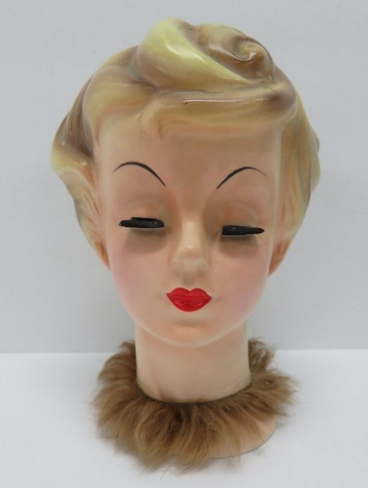 Winter Head Vase, Fur collar, Enesco, 6", c 1960's, eyes closed