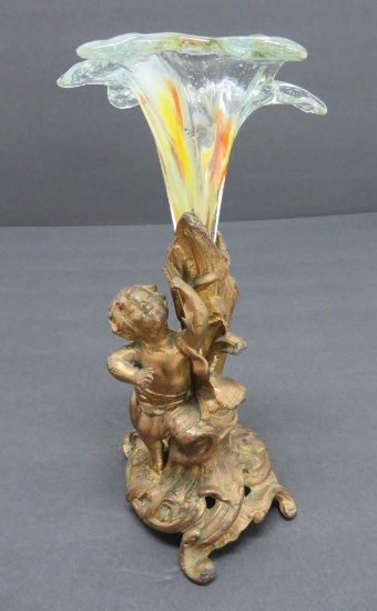 Trumpet vase with cherub metal holder, 8"